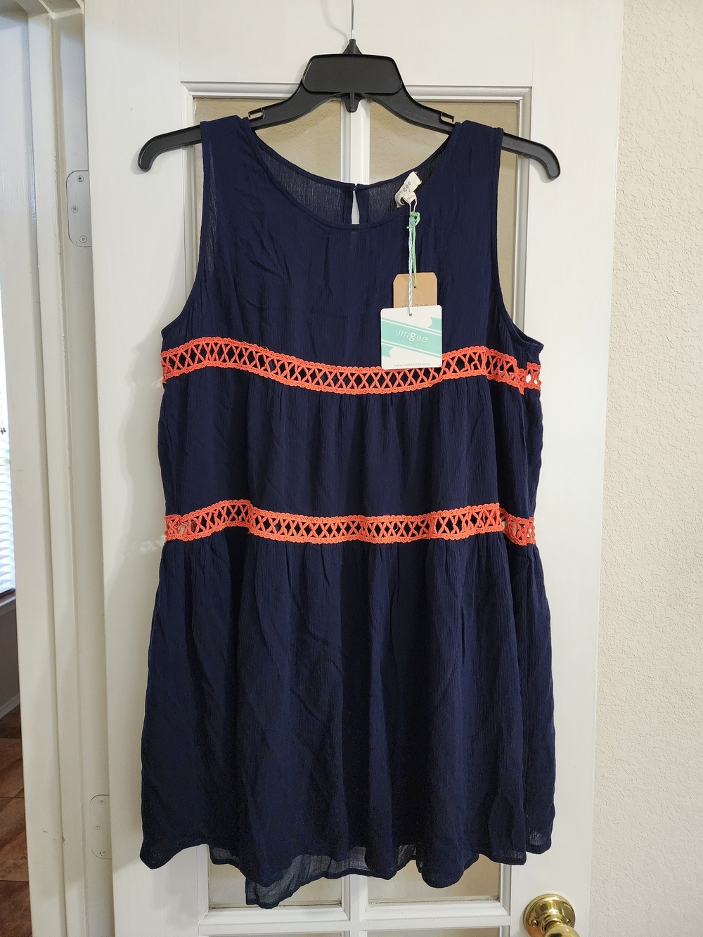 NWT Umgee Navy Coral Crochet Trim Boho Dress With Slip H2239 Large